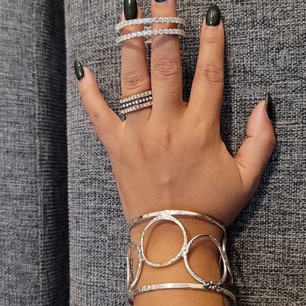 Bangle, tri-color ring set, and earrings